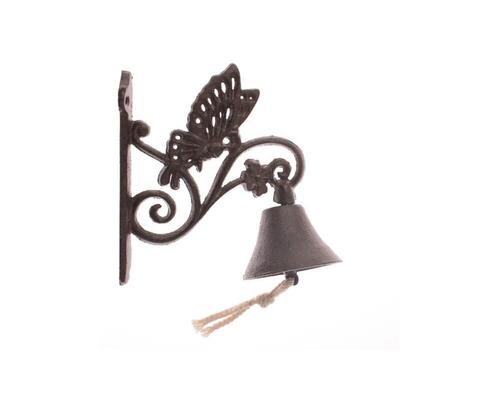 Hnedý liatinový zvonček s motýľom, 18 cm