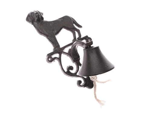Dekorácie z liatiny, patinovaný zvonec s psíkom – hnedý, 24 cm