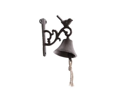 Hnedý liatinový zvonček s vtáčikom 18 cm