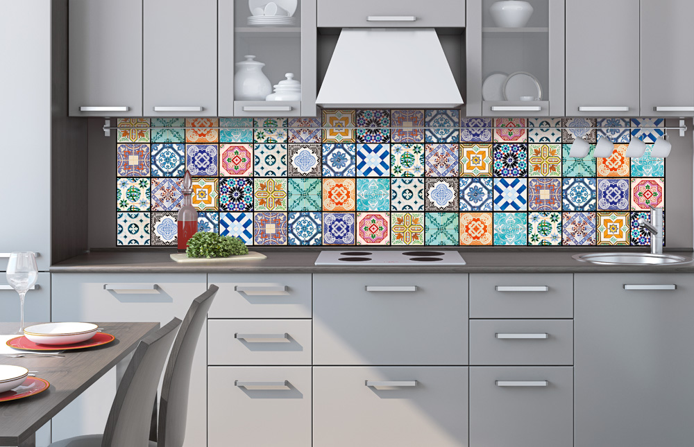 Kuchynská zástena z hliníkovej dosky - Farebné dlaždice 60 x 260 cm