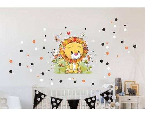 Nálepka pre deti - Malý levík v tráve s farebnými guľôčkami, 80 x 90 cm