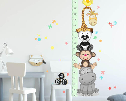 Textilná nálepka do detskej izby - Detský meter s veselými zvieratkami do 180 cm