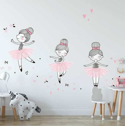 Textilné samolepky do detskej izby, 3 malé baleríny v ružových šatách, 90 x 80 cm