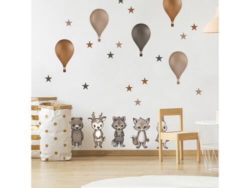 Textilné samolepky do detskej izby, Lesné zvieratká s balónikmi v hnedých farbách, 80 x 90 cm
