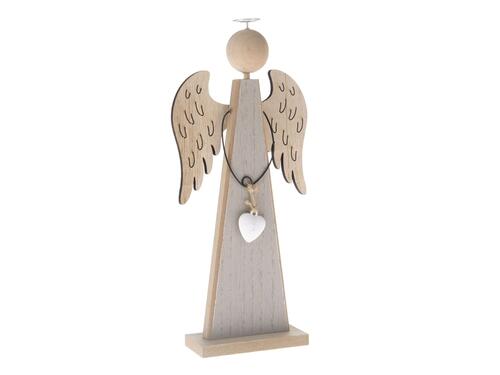 Drevená ozdoba - Anjel so srdcom šedý 19 cm