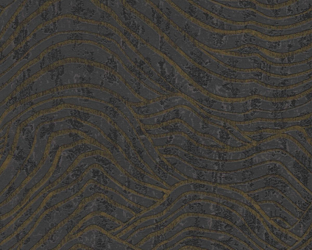 3D tapeta v čiernej farbe s modernými grafickými zlatými vlnami