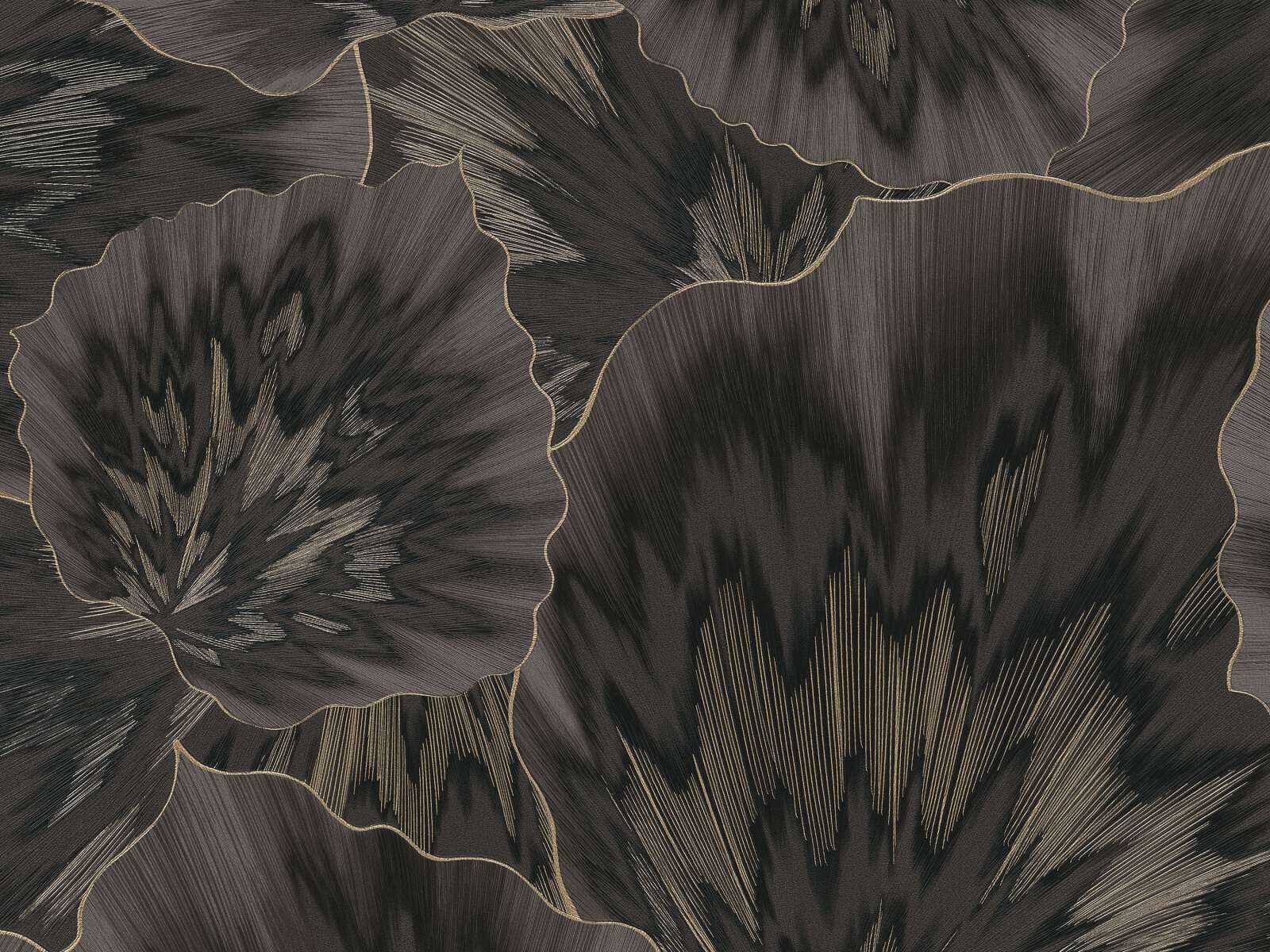 Luxusná tapeta s veľkoplošnými kvetmi v čierno-zlatých tónoch s 3D lesklým efektom, ER-602163