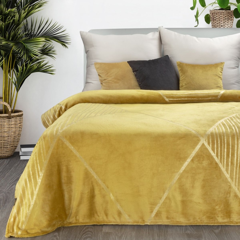 Jednofarebná deka s lesklým vzorom - Ginko 4 žltá 150 x 200 cm