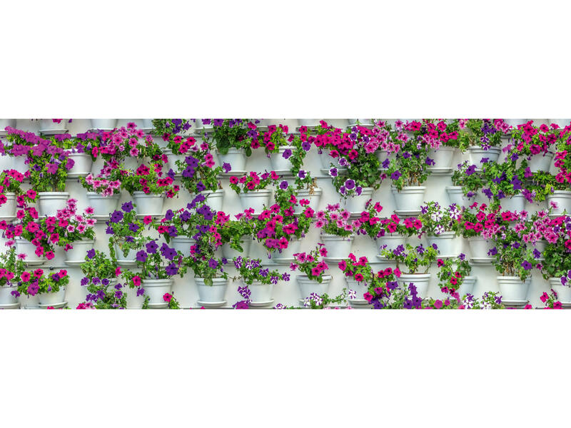 Samolepiace kuchynské zásteny s ružovo-fialovými kvetmi v bielych kvetináčoch